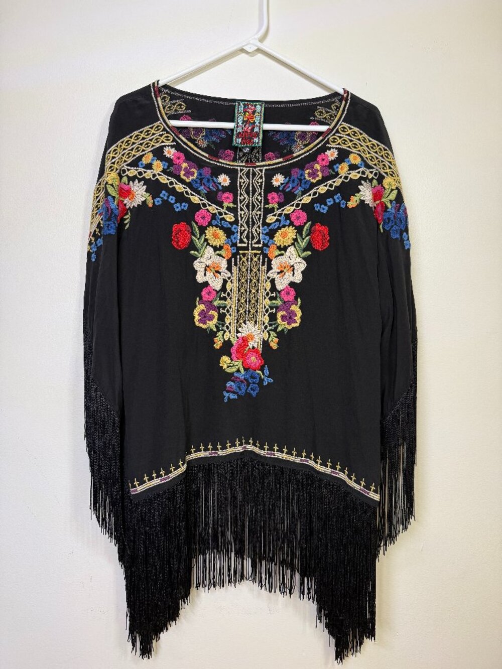 Johnny Was Embroidered Fringe Poncho Top | Black Floral Boho